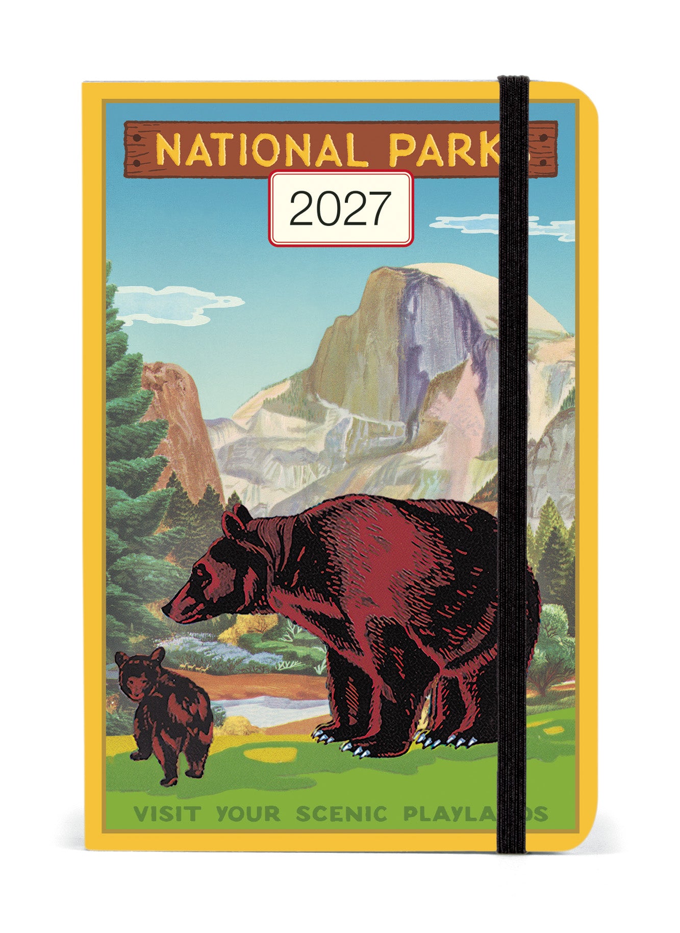 2027 Cavallini & Co. National Parks Weekly Planner featuring a vintage-style bear illustration on the cover, with a black elastic closure band.