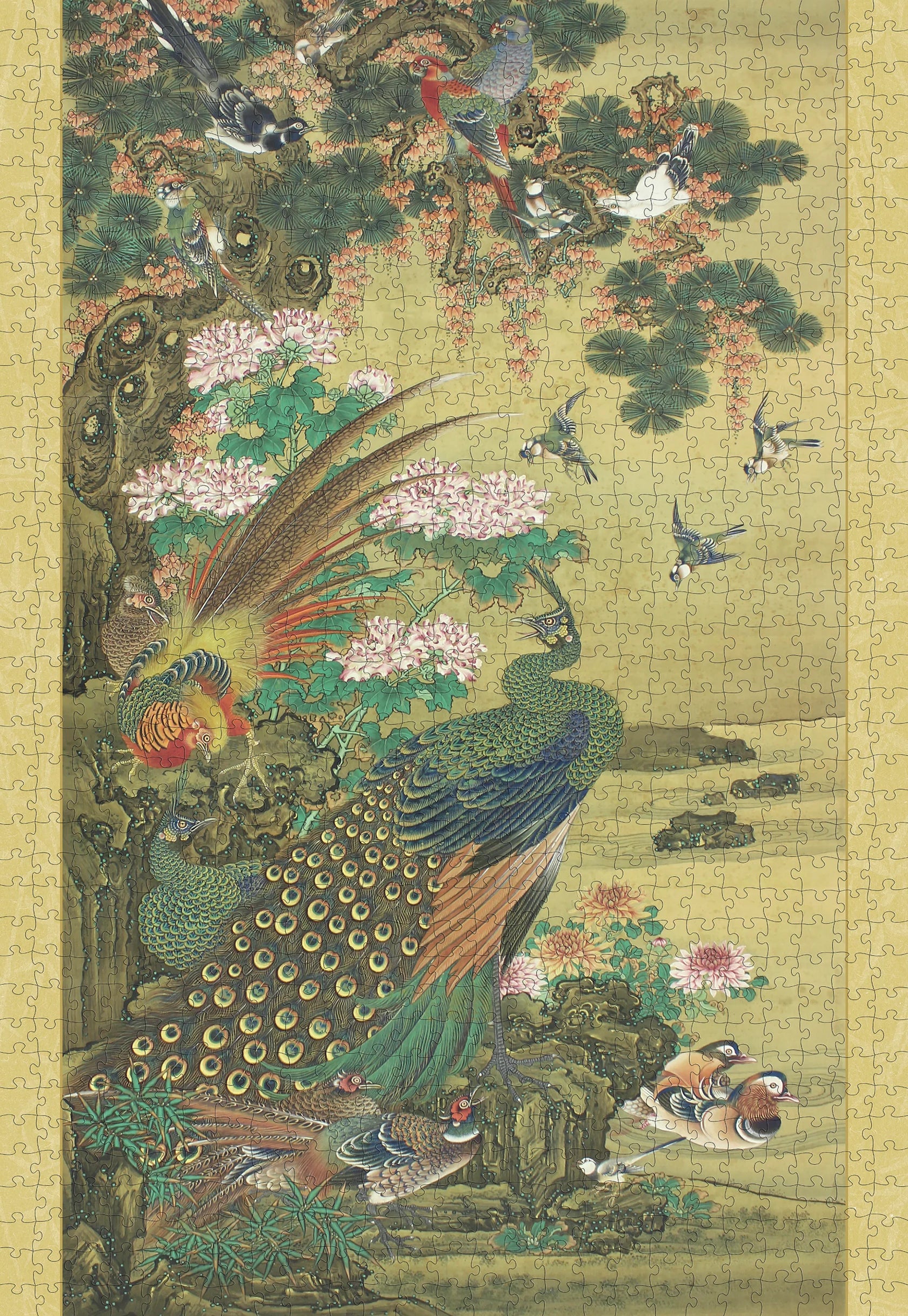 Birds & Flowers: Japanese Hanging Scroll 1000-Piece Jigsaw Puzzle- finished puzzle image