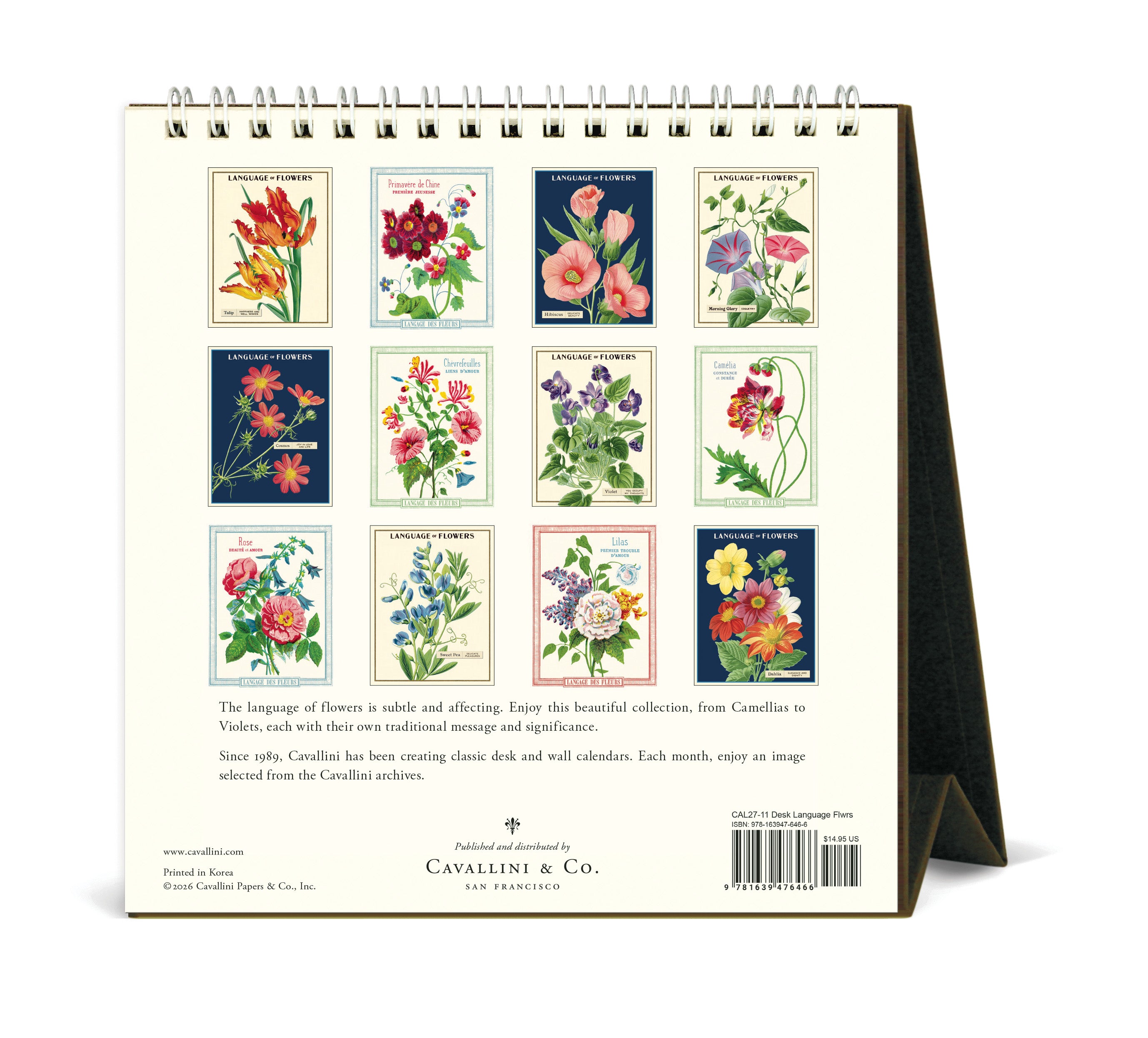 2027 Cavallini & Co. Language of Flowers Desk Calendar back cover showing all 12 months.
