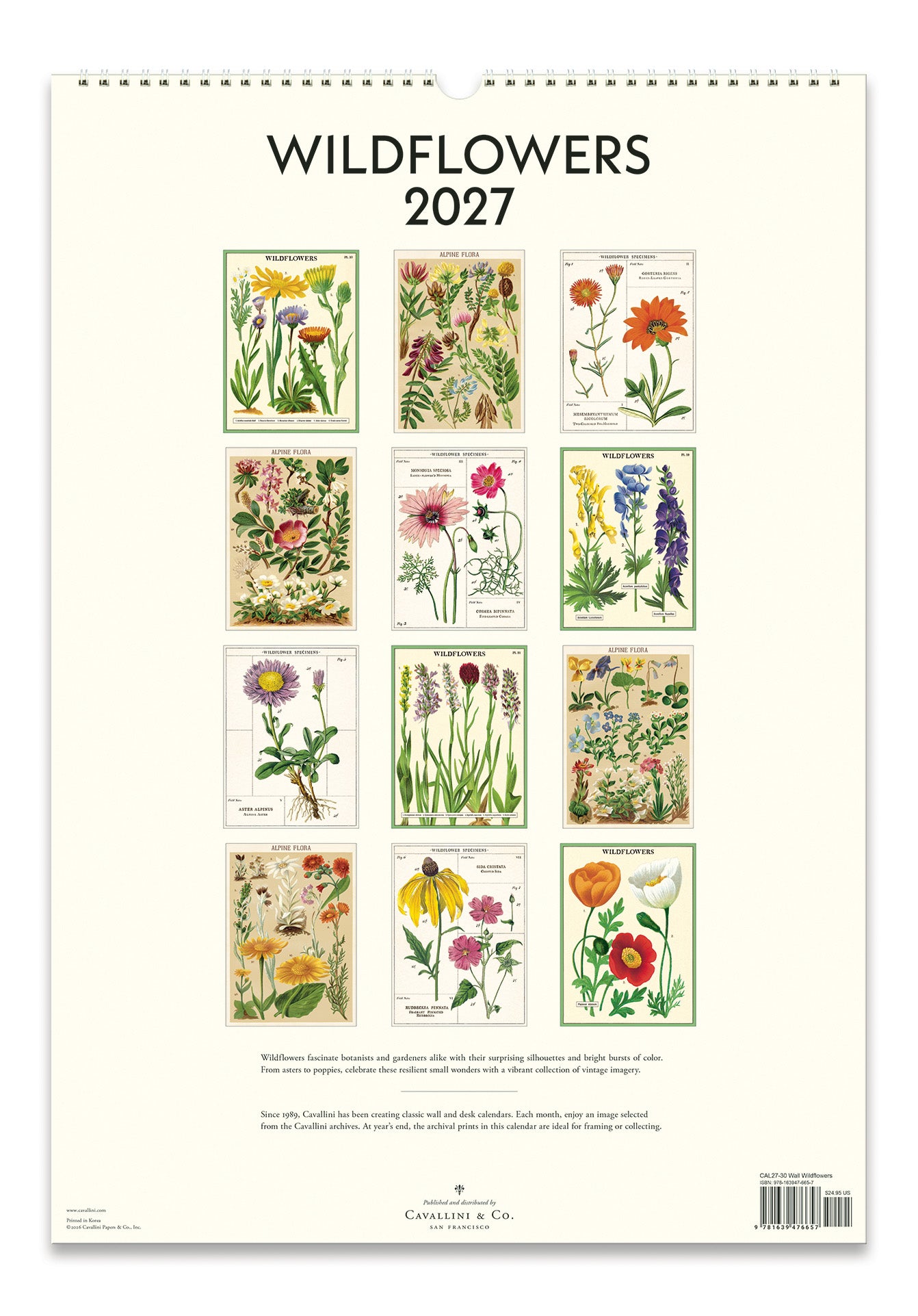 2027 Cavallini & Co. Wildflowers Wall Calendar back page showing 12 months of flower iamges.