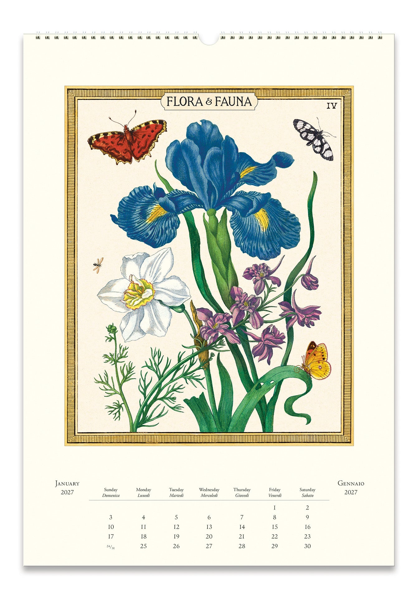 2027 Cavallini & Co. Flora & Fauna Wall Calendar bpage featuring an illustration titled 'Flora Fauna' with blue irises, purple flowers, white lilies, butterflies, and a gold border on an off-white page with a spiral binding at the top.