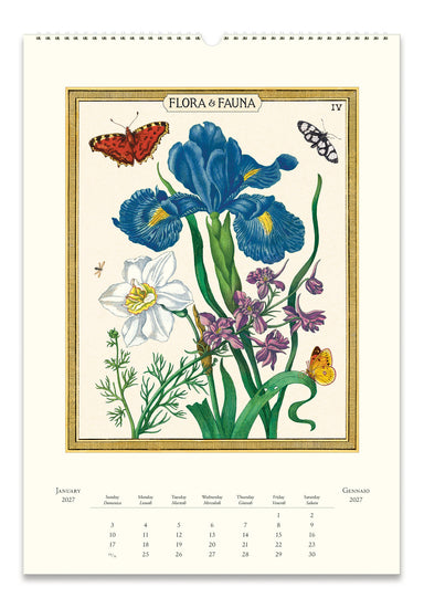2027 Cavallini & Co. Flora & Fauna Wall Calendar bpage featuring an illustration titled 'Flora Fauna' with blue irises, purple flowers, white lilies, butterflies, and a gold border on an off-white page with a spiral binding at the top.