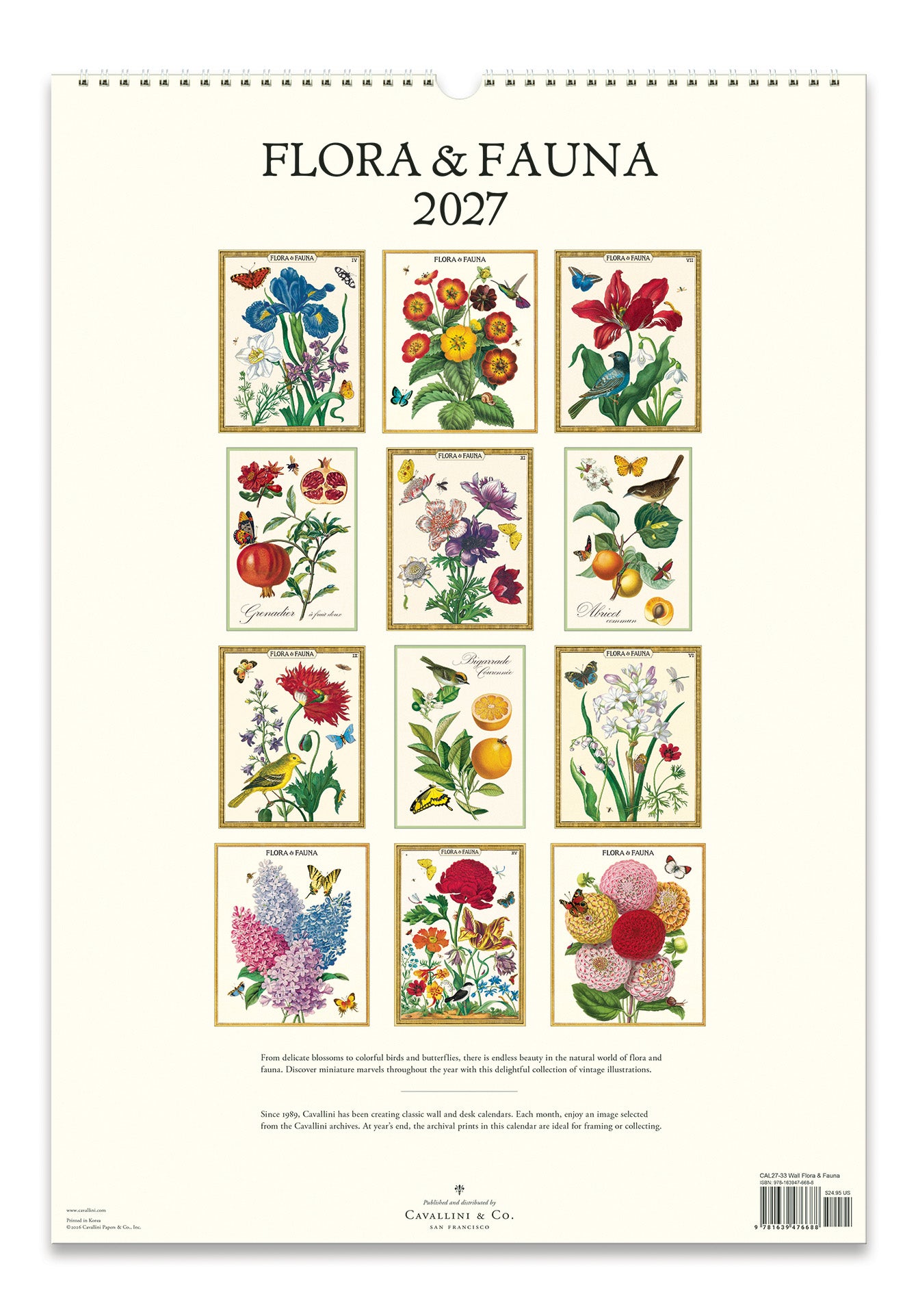 Flora & Fauna 2027 calendar with illustrations of flowers and animals on a white background.