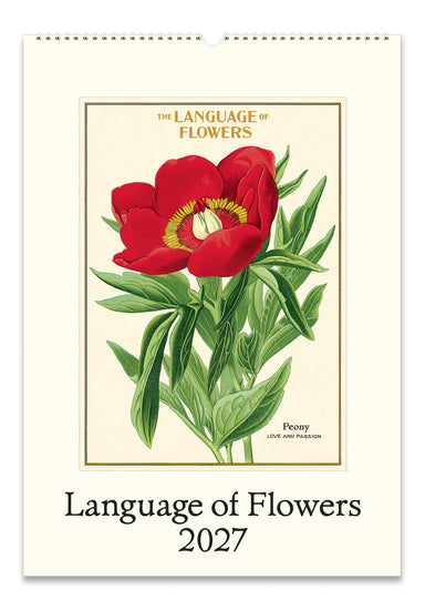 2027 Cavallini & Co. Language of Flowers Wall Calendar featuring a vintage botanical illustration of a red flower with green leaves on the front cover.