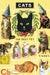 Included postcard example- Collage of cats in various poses with text and graphics on a yellow background