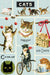 Included postcard example- Illustrations of cats in various poses with text and graphics on a light blue background.