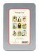 Back of Metal tin with vintage cats postcard collection on a white background
