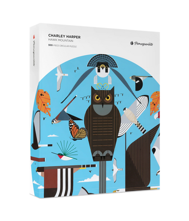 Charley Harper Hawk Mountain 500 Piece Circular Puzzle- Pomegranate puzzle box with Charley Harper artwork featuring an owl and other birds on a blue background.