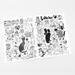 Two sheets of black and white cat-themed illustrations on a light gray background