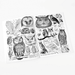 Open book of owl-themed black and white illustrations on a white background