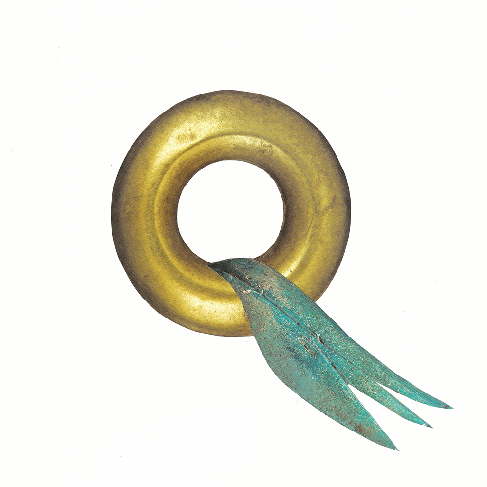 Bronze ring with a greenish-blue object attached on a white background