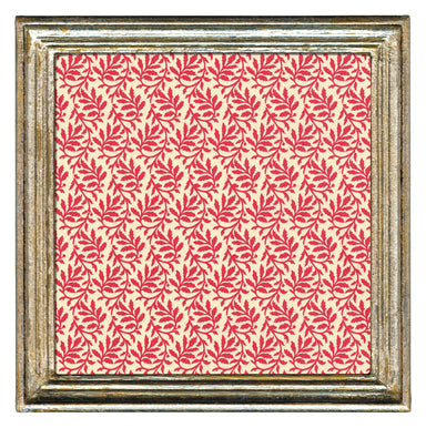Cavallini & Co. 5 by 5 Inch Antico Silver Florentine Frame shown with a repeating red leaf pattern print in the frame. 