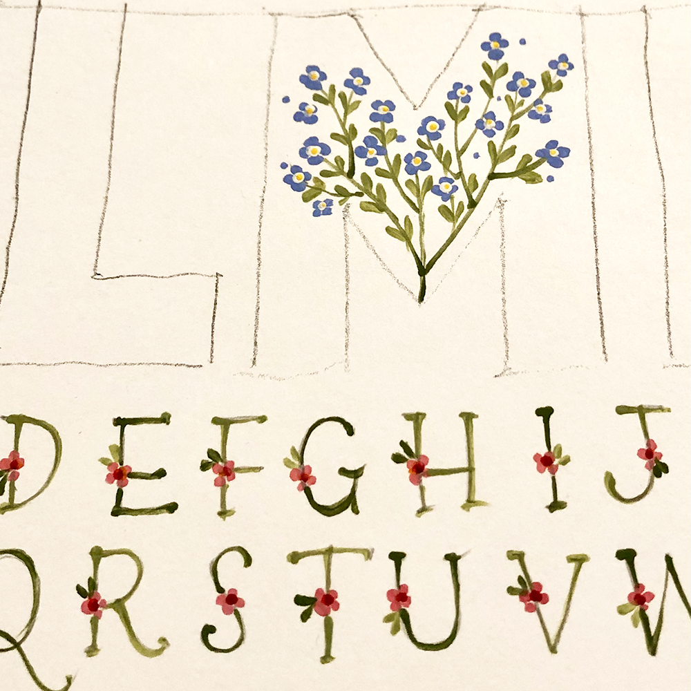 Alphabet letters with floral decorations on a textured background