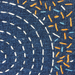 Sashiko Patch Class with white thread circular pattern and random stitches in 3 colors stitched onto blue fabric- detail