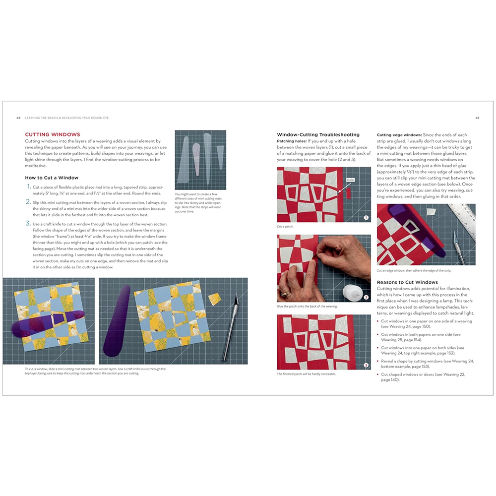 Paper weaving tutorial with text and images on a white background