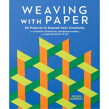 Book cover of 'Weaving with Paper' by Helen Hiebert with geometric paper art design on a blue background.