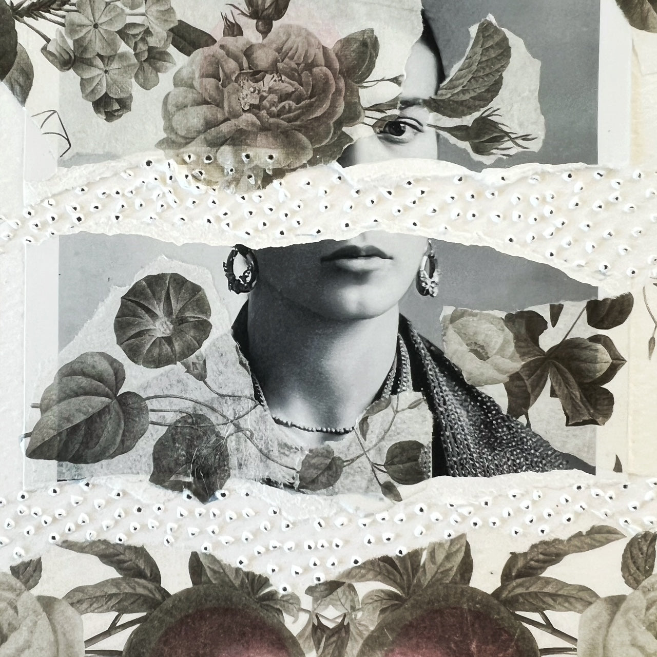 A monochrome collage-style artwork featuring a woman's face partially obscured by floral and leaf motifs, layered with torn paper textures and dotted lace-like bands.