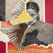 A mixed-media collage artwork featuring a torn black-and-white portrait of a woman, layered with textured paper, gold foil, thread stitching, and geometric color blocks in red, orange, beige, gray, and black.