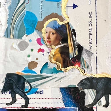 A mixed-media collage artwork featuring a central portrait of a woman in a blue headscarf and gold-trimmed torn paper border, surrounded by abstract blue shapes, newspaper clippings, text fragments, and two black panther silhouettes at the bottom.