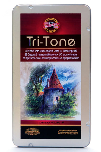 Tri-Tone Colored Pencil Set of 12 image showing front of metal storage tin