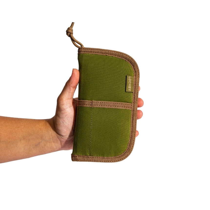 Lochby Quatro Pen Pouch- V2- in hand, showing size of pouch shown on white background