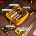 Interior of Mini Venture Pouch used as a tool pouch with features labeled on a brown background with tools.  Items shown in pouch not included. 