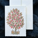 Hand Block Printed Single Card- flowering tree- coral, green, and gold ink showing scallop edge and envelope