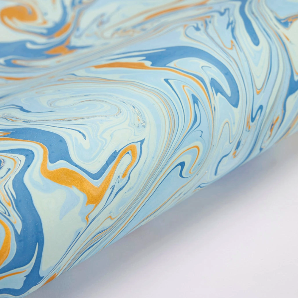 Handmade marbled paper "free spirit" shades of blue with gold- detail