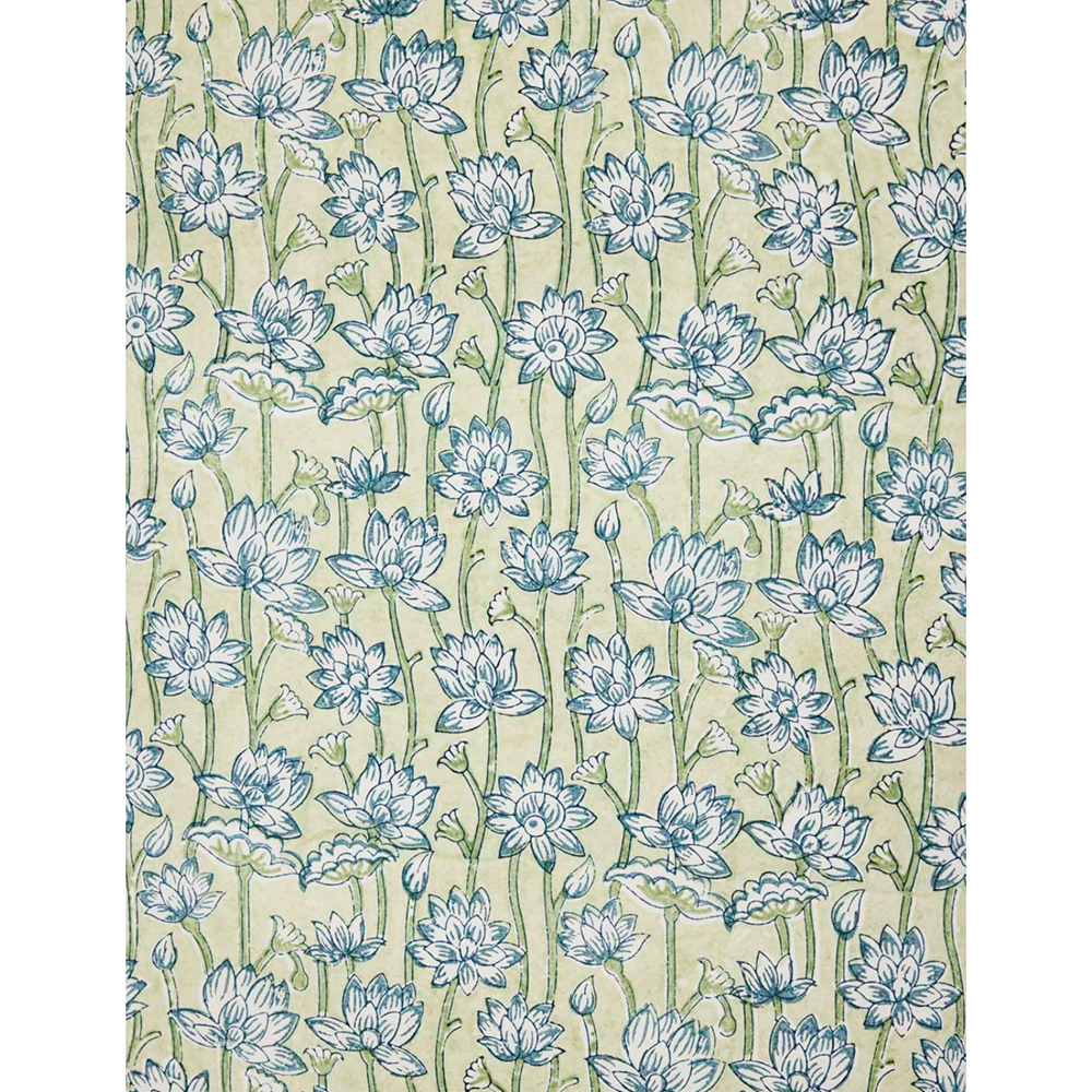 Handmade Indian Cotton Paper- Block Printed lotus floral pattern with indigo flowers and green stems- full sheet