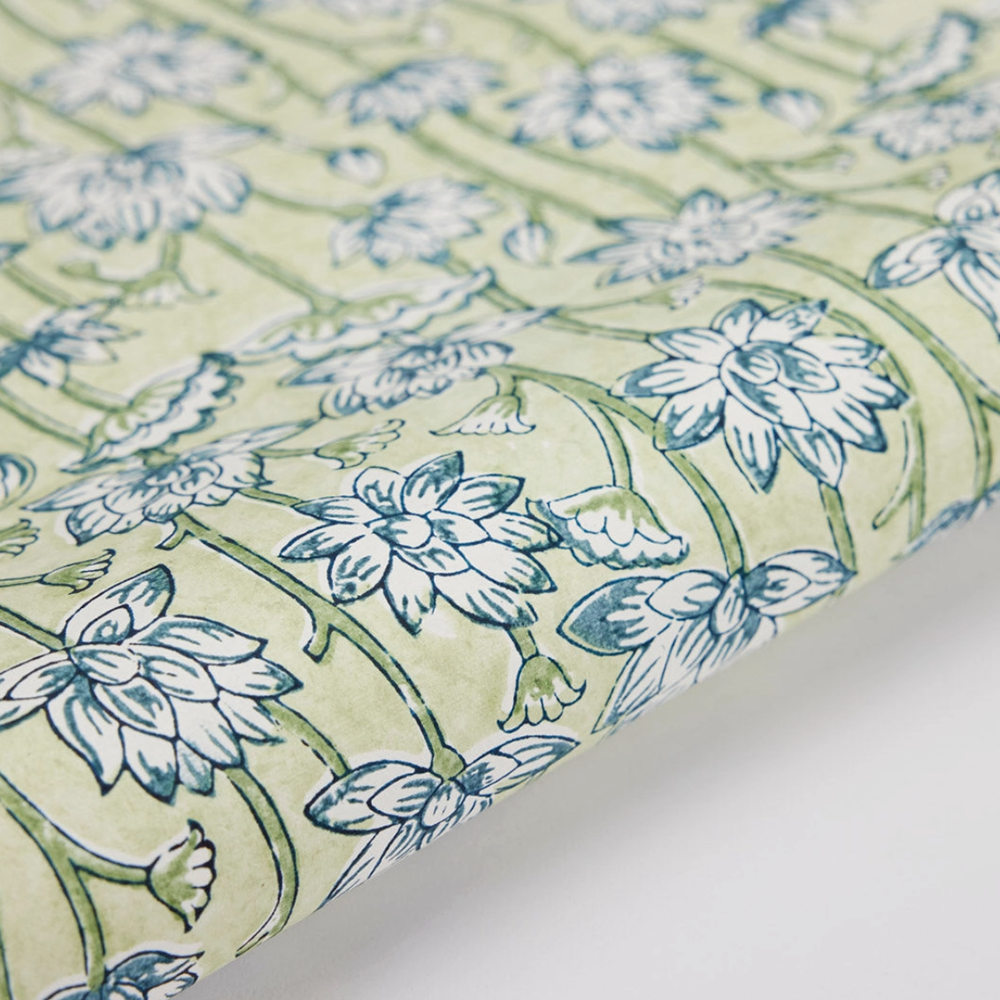 Handmade Indian Cotton Paper- Block Printed lotus floral pattern with indigo flowers and green stems- detail