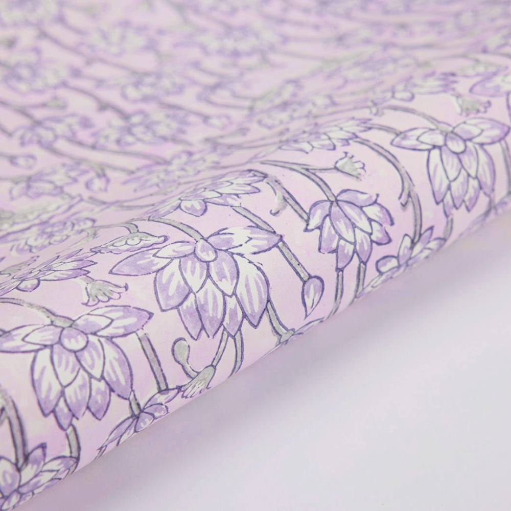 Handmade Indian Cotton Paper- Block Printed lotus floral pattern with lavender flowers and green stems- detail