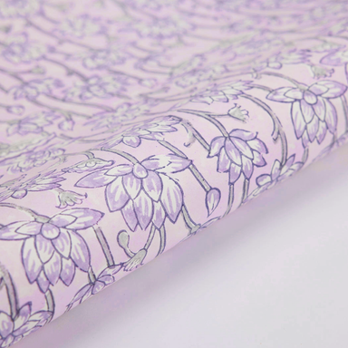 Handmade Indian Cotton Paper- Block Printed lotus floral pattern with lavender flowers and green stems- detail