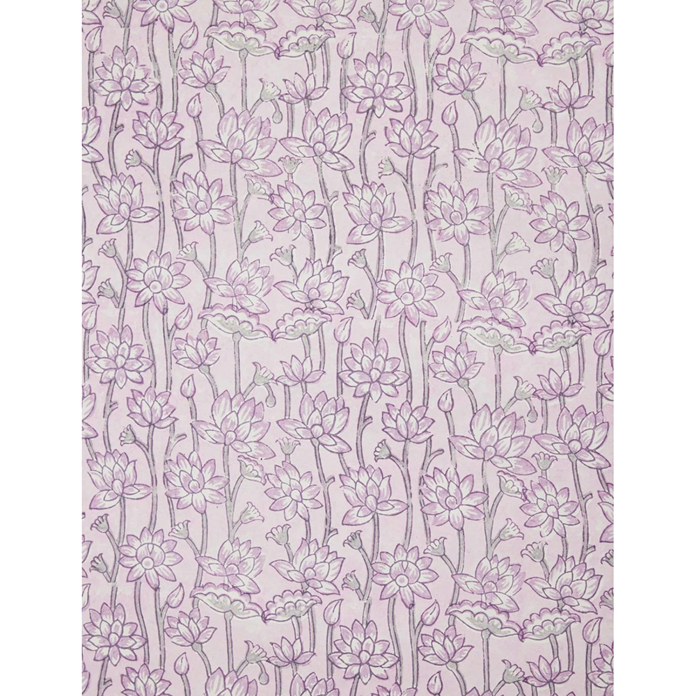 Handmade Indian Cotton Paper- Block Printed lotus floral pattern with lavender flowers and green stems- full sheet