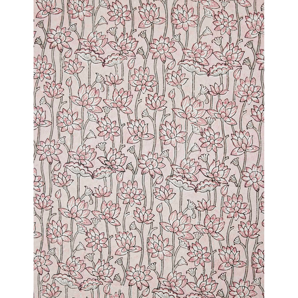 Handmade Indian Cotton Paper- Block Printed lotus floral pattern with pink flowers and green stems- full sheet