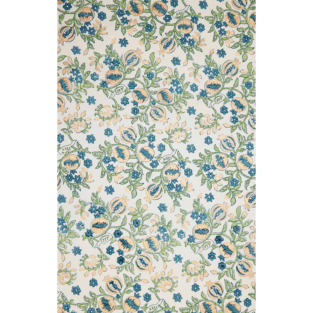 Block Printed indigo and gold pomegranate pattern with  green leaves- full sheet