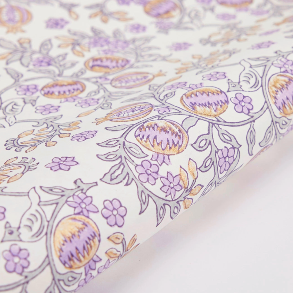 Handmade Indian Cotton Paper- Block Printed lavender and gold pomegranate pattern with  green leaves- detail