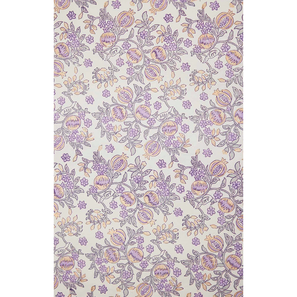 Block Printed lavender and gold pomegranate pattern with  green leaves- full sheet