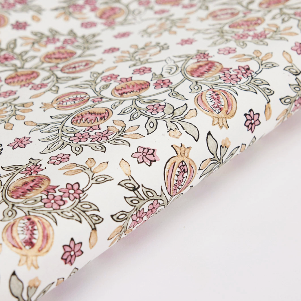 Handmade Indian Cotton Paper- Block Printed pink and gold pomegranate pattern with  green leaves- detail