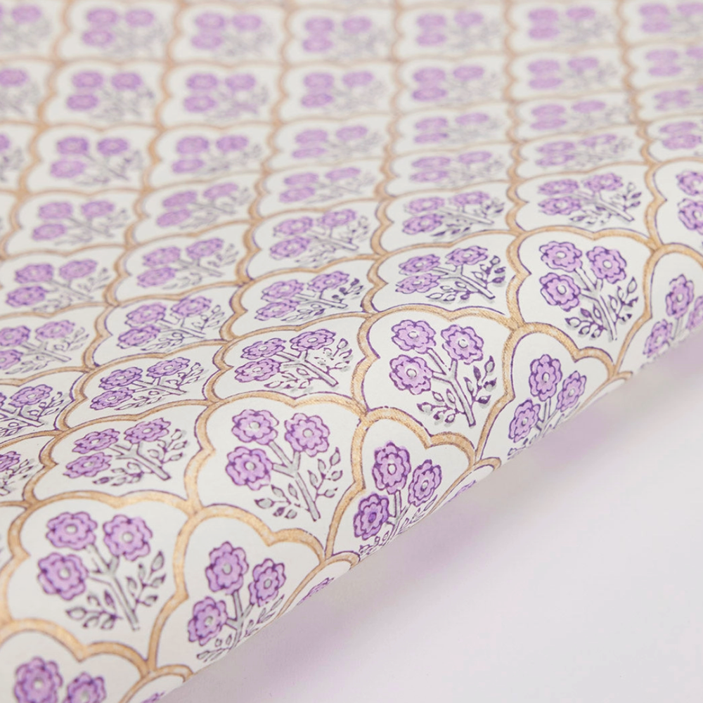 Handmade Indian Cotton Paper- Block Printed lavender and gold floral pattern with  gold arches- detail