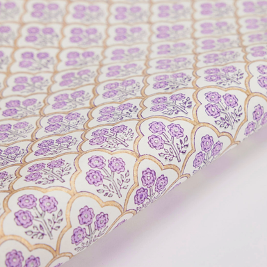 Handmade Indian Cotton Paper- Block Printed lavender and gold floral pattern with  gold arches- detail