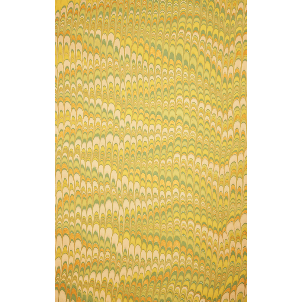 Handmade Indian Cotton Paper- Marbled Scallops- green, yellow, gold- full sheet