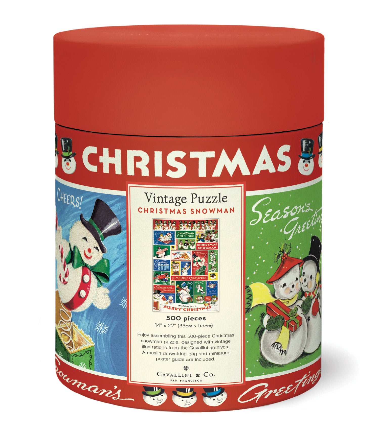 Cavallini & Co. Snowman 500 Piece Holiday Puzzle, a Christmas-themed puzzle showing packaging with vintage snowman design on a white background