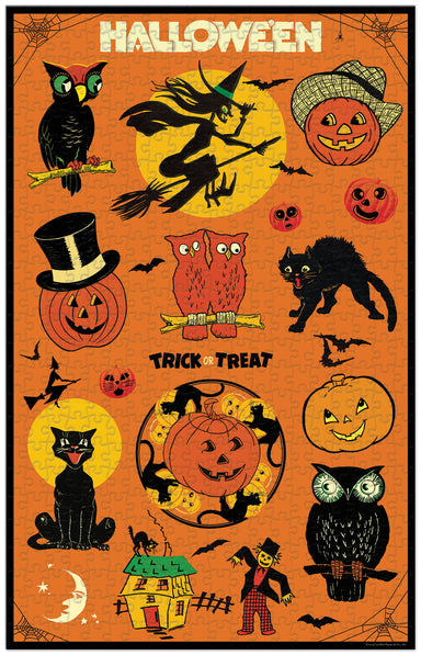 Cavallini & Co. Halloween 500 Piece Puzzle- finished puzzle image showing a witch on a broomstick, jack-o'-lanterns, owls, a black cat, bats, a haunted house, and the words 'HALLOWEEN' and 'TRICK OR TREAT' on an orange background.