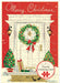 Merry Christmas puzzle greeting card with a wreath, trees, and presents on a red background.
