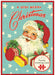 Vintage-style Christmas greeting card puzzle with Santa Claus and presents on a blue background