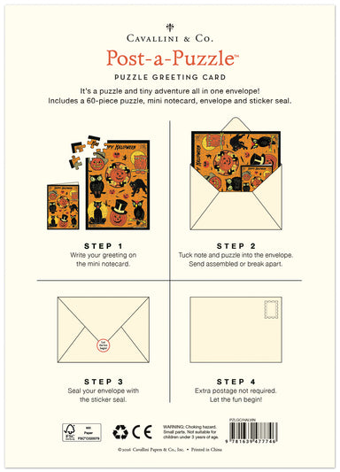 Back of a Cavallini & Co. Post-a-Puzzle 'Pumpkin' Puzzle Greeting Card, showing product description, included contents, and four step-by-step assembly instructions on an off-white background.