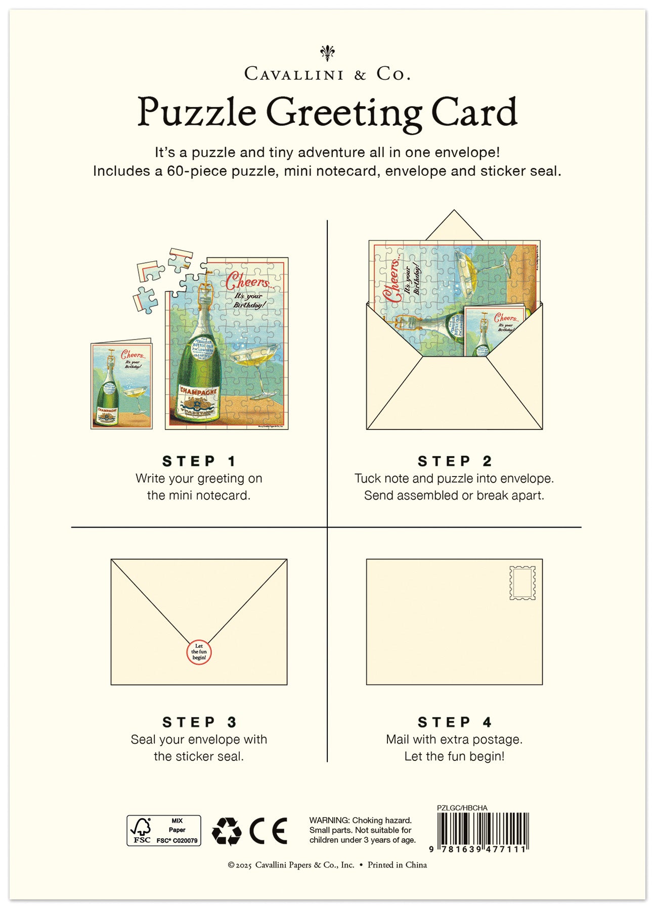 Cavallini & Co. Puzzle Greeting Card packaging with step-by-step instructions on a white background.