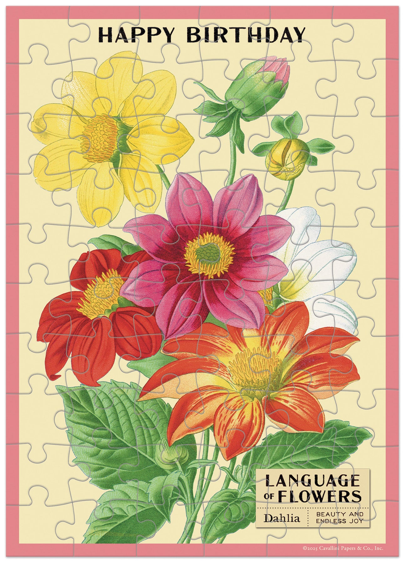 Cavallini & Co. Happy Birthday Language of Flowers Puzzle Greeting Card- Floral puzzle greeting card with colorful flowers and 'Happy Birthday' text on a beige background