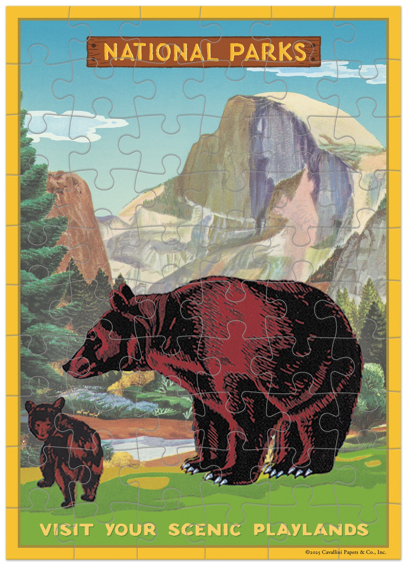 Jigsaw puzzle greeting card with a bear and mountain design, featuring text about National Parks.