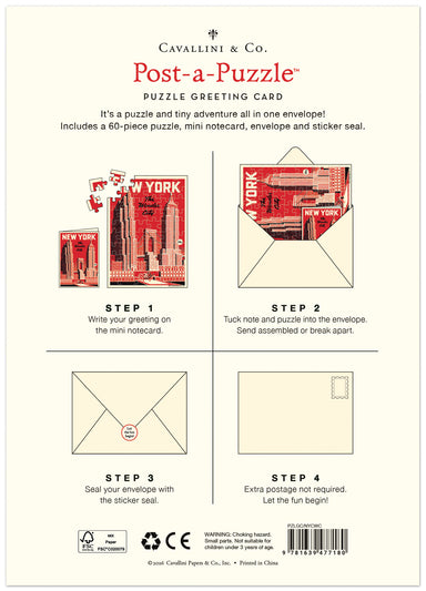Back of a Cavallini & Co. Post-a-Puzzle postcard package, showing product description, illustrated New York cityscape examples, and four step-by-step usage instructions on an off-white background.